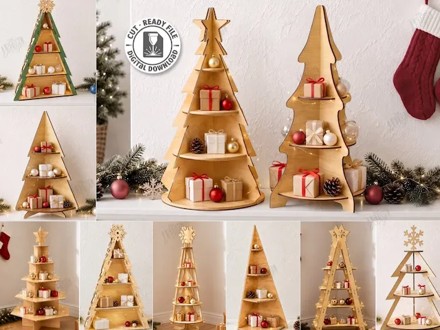 Tiered Wooden Christmas Tree Display Stand for Holiday Ornaments and Gifts Laser Cut Bundle