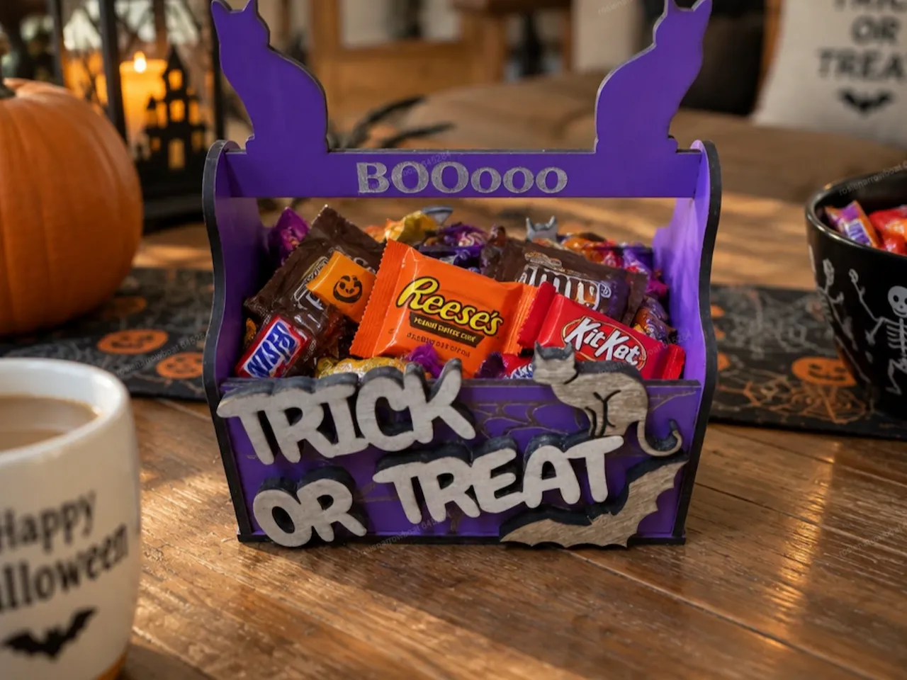 [Laser cut and engrave] Purple Halloween Trick or Treat Candy Basket with Cat and Bat Accents