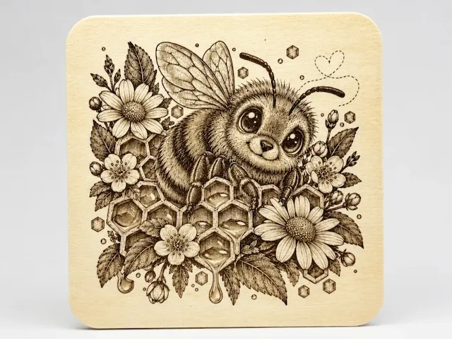 Square Wooden Coaster Featuring a Cute Bee with Honeycomb and Flowers