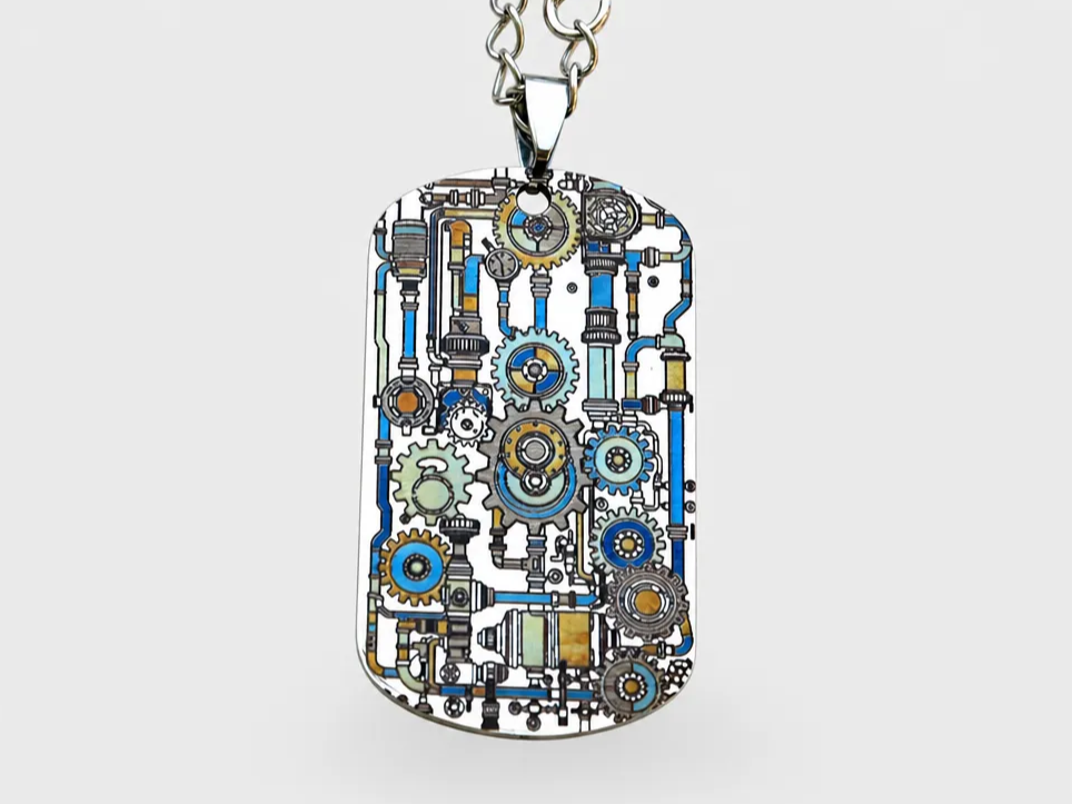 Pendentif plaque militaire avec motif d'engrenages steampunk 50 x 28 mm