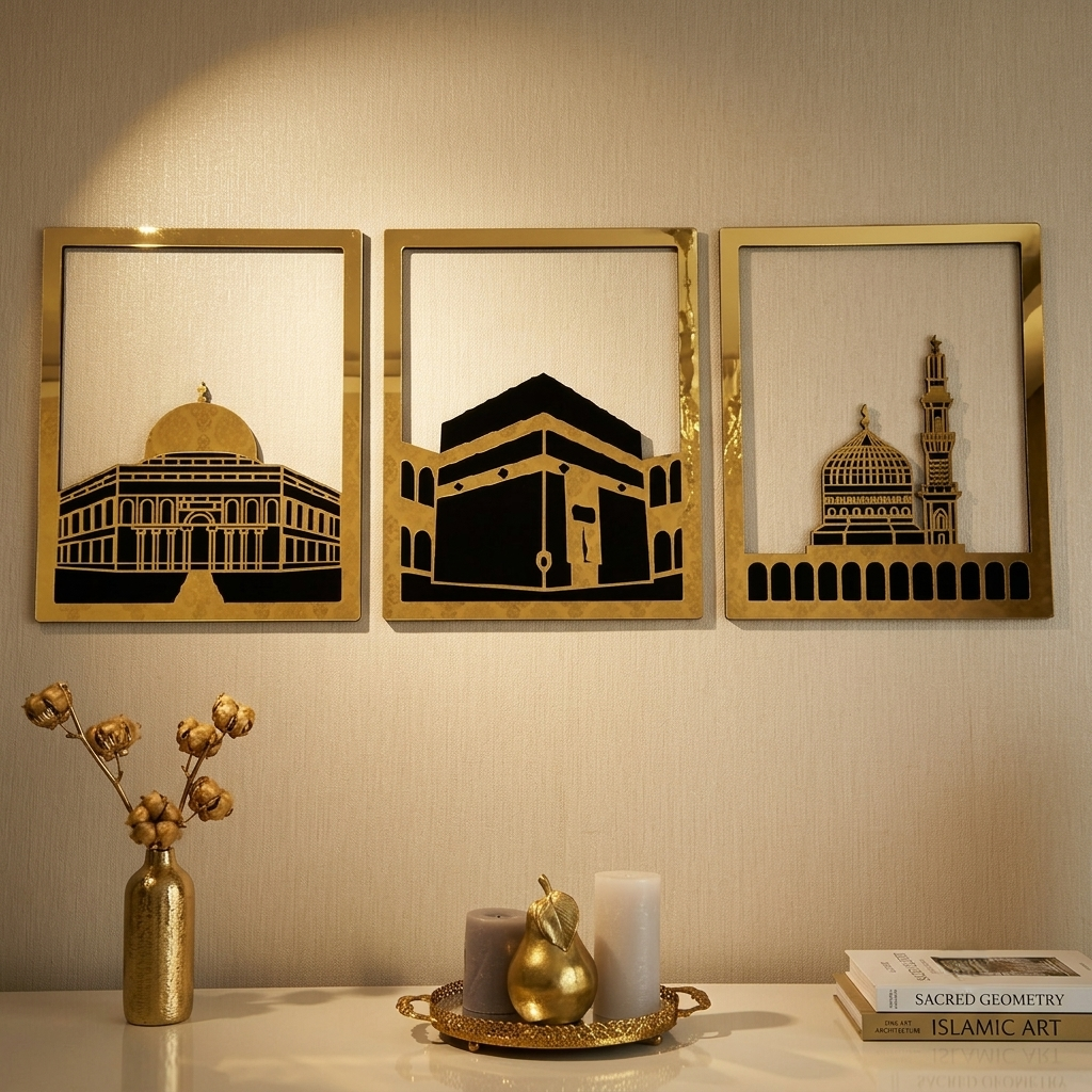 [Laser cut and engrave] Triptyque mural doré représentant les lieux saints de l'Islam