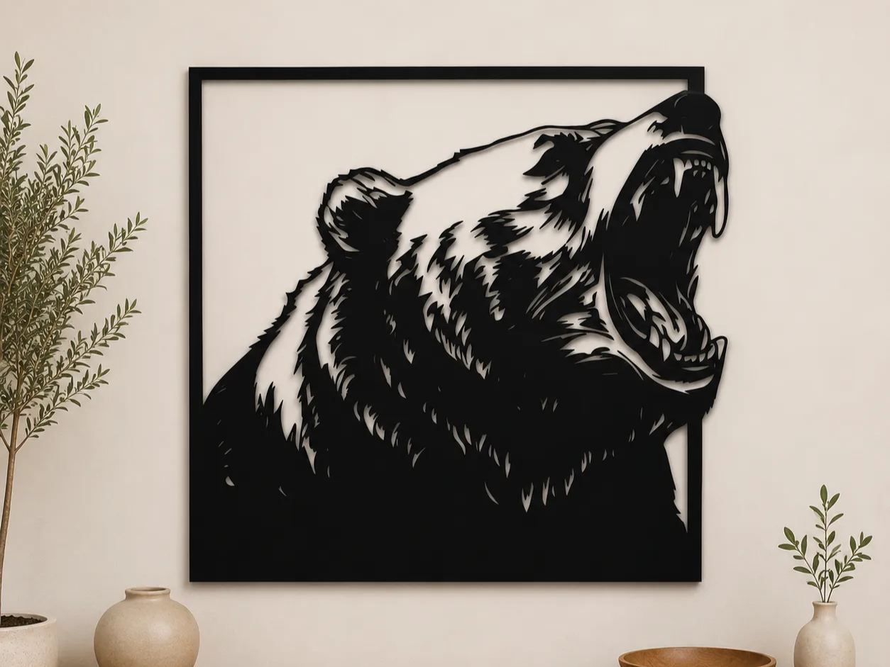 Roaring Bear Wall Art SVG | Grizzly Bear Silhouette | Wildlife Wall Decor | Rustic Cabin Laser Cut SVG | Digital Download