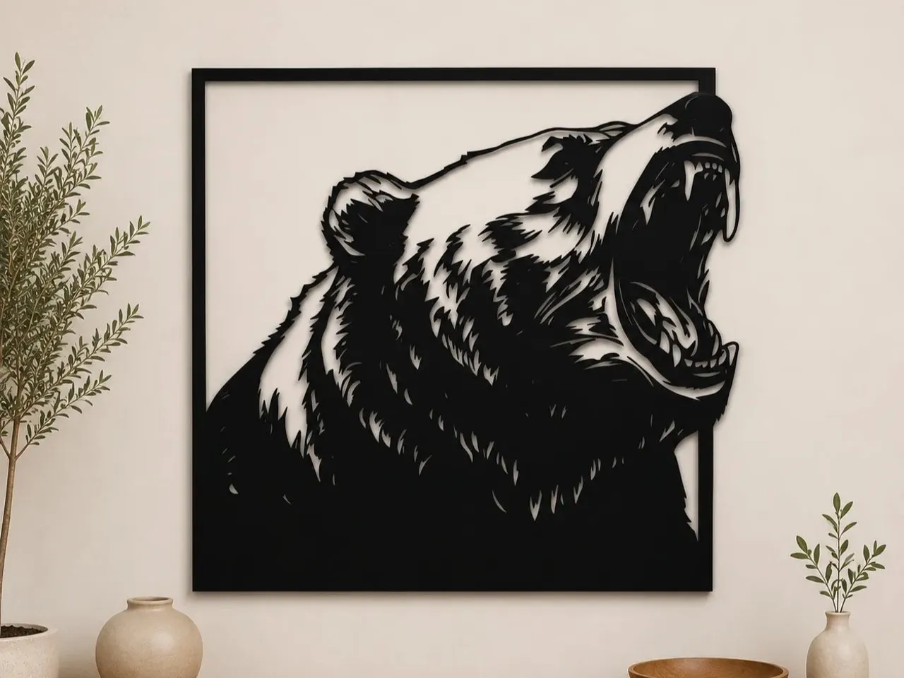 [Laser cut and engrave] Roaring Grizzly Bear Square Wall Art