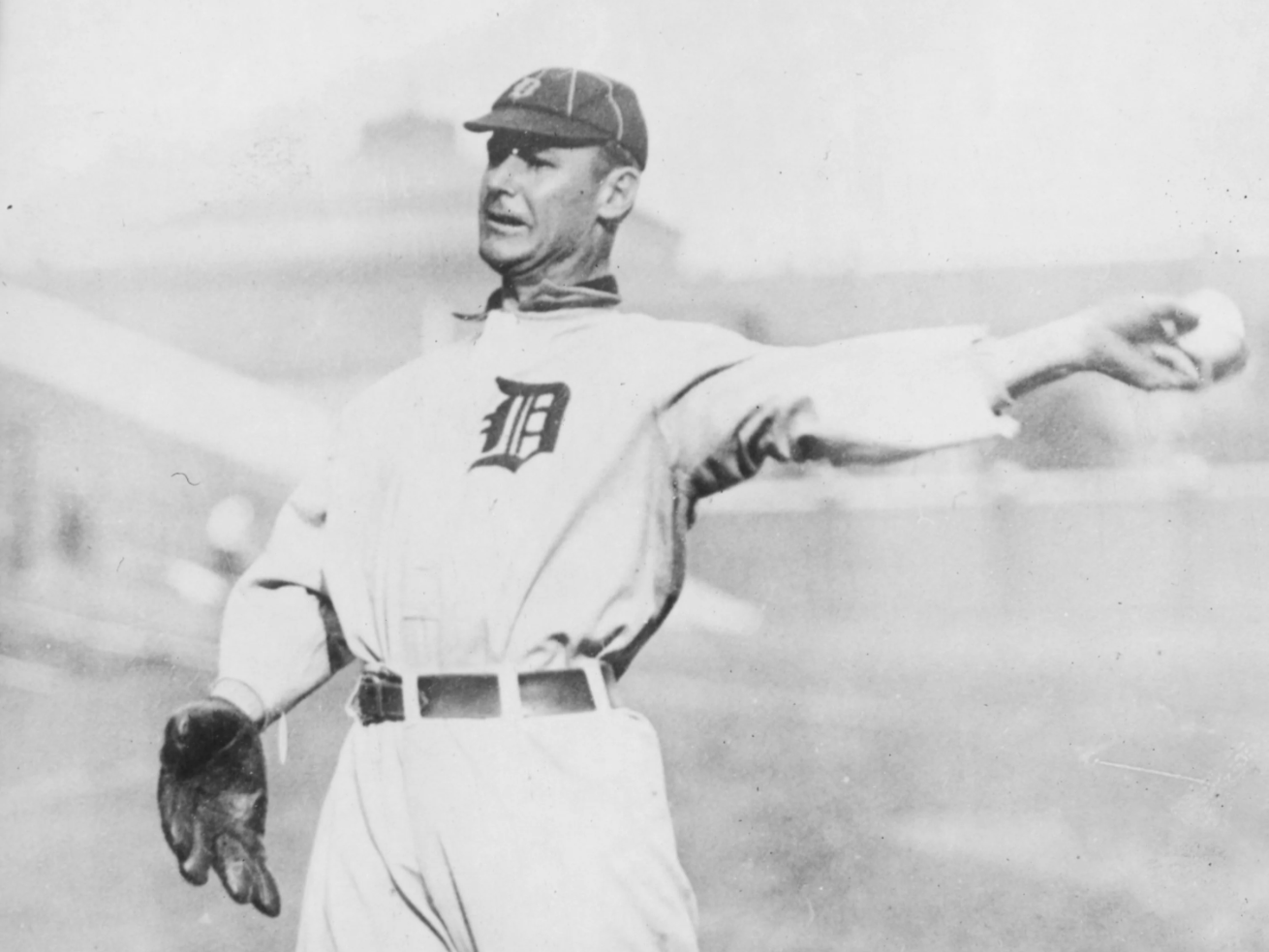 Vintage photograph of a Detroit Tigers baseball player throwing a ball