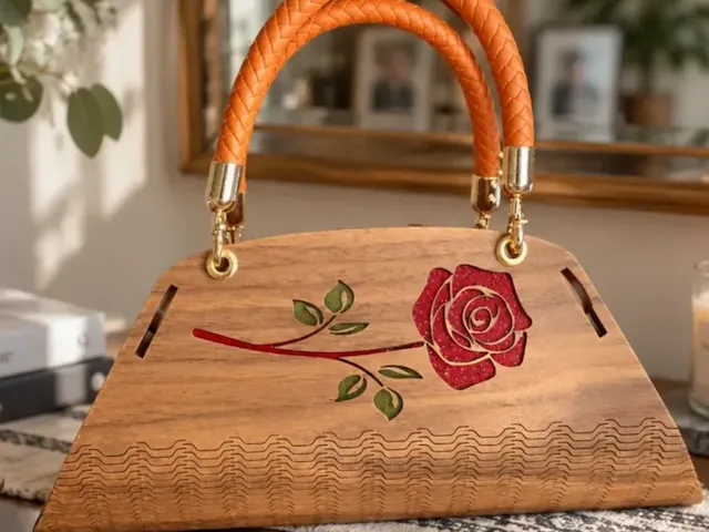 Wooden handbag with rose inlay and braided orange handle