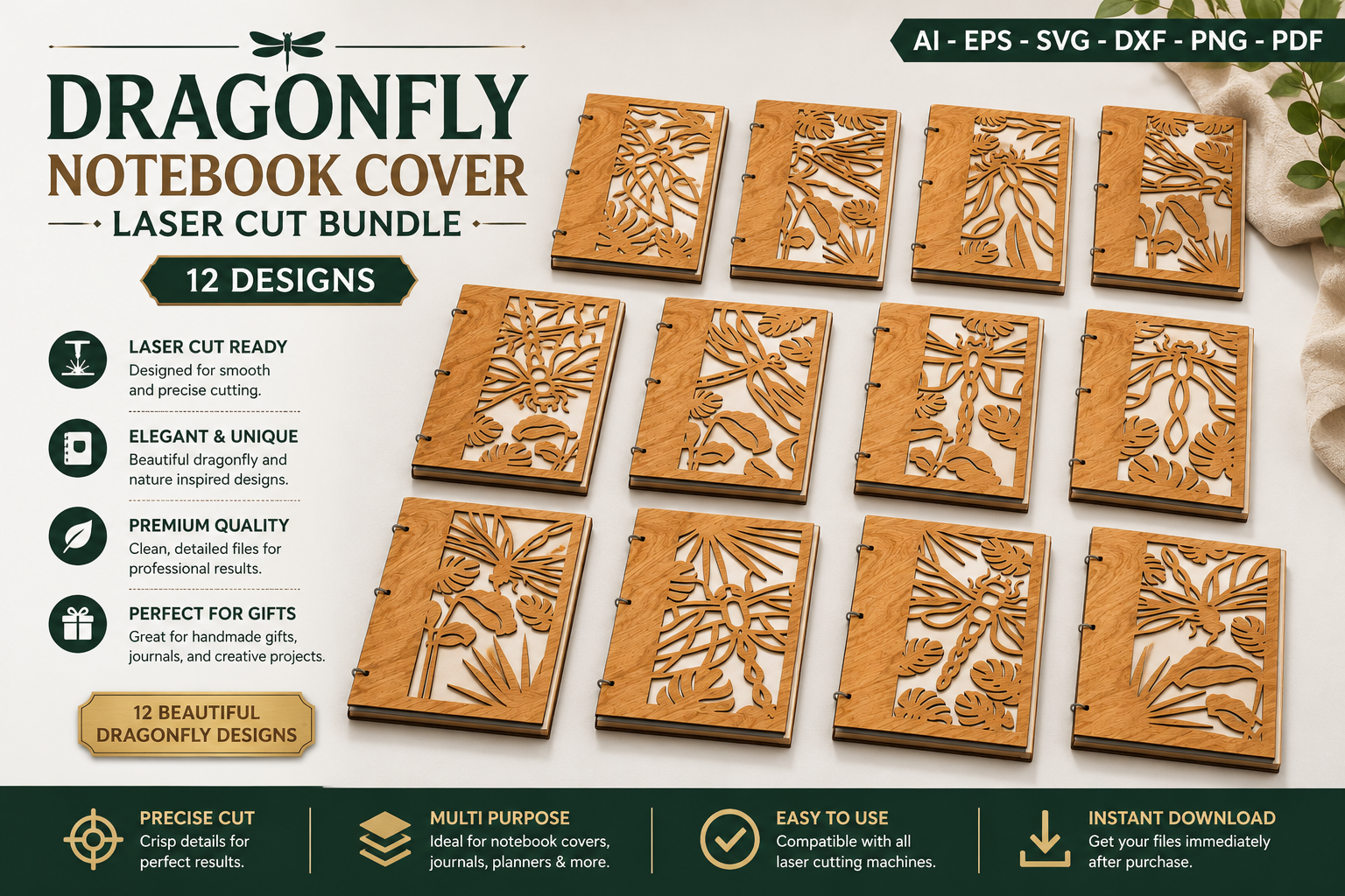 [Laser cut and engrave] Dragonfly Notebook Cover Laser Cut 12 Designs
