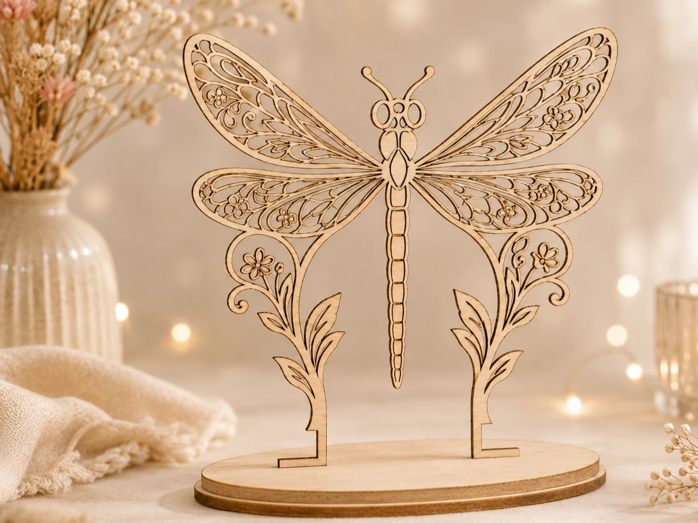 Libellule décorative sur socle avec motifs floraux