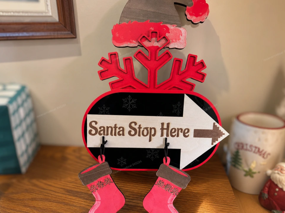 Santa Stop Here Christmas Directional Sign with Stockings