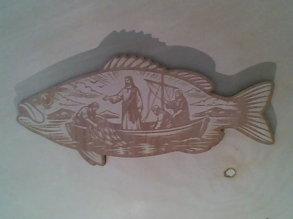Fish Shaped Wall Plaque Featuring Jesus and Disciples in a Boat