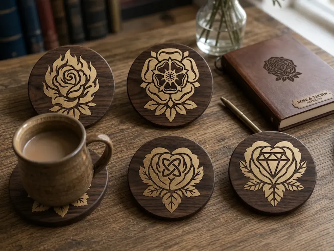 [Laser cut and engrave,Other] Round Wooden Coasters with Floral Rose Motifs