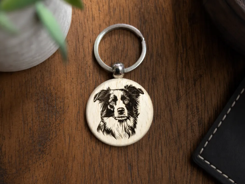 Border Collie Portrait Wooden Keychain