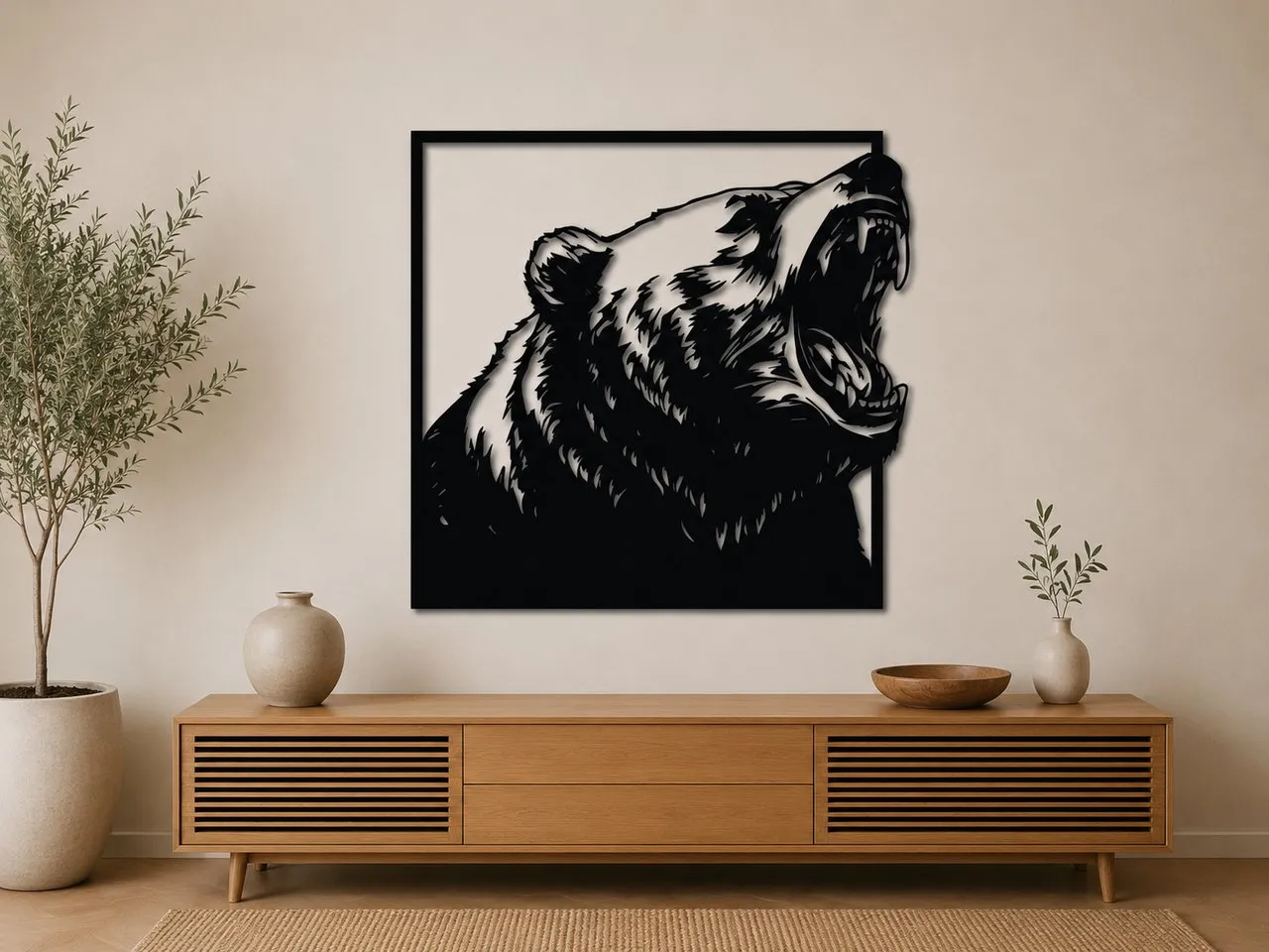 Muralna grafika Ryczącego Niedźwiedzia SVG | Sylwetka niedźwiedzia grizzly | Dekoracja ścian dla dzikiej przyrody | Rustic Cabin Laser Cut SVG | Pobierz cyfrowy instruction: step 1 -