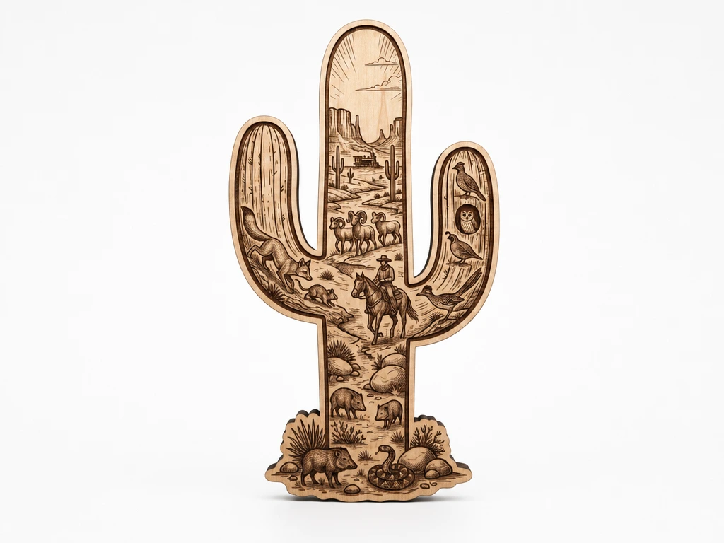 Cactus Shaped Wooden Wall Art with Desert Wildlife and Cowboy Scene