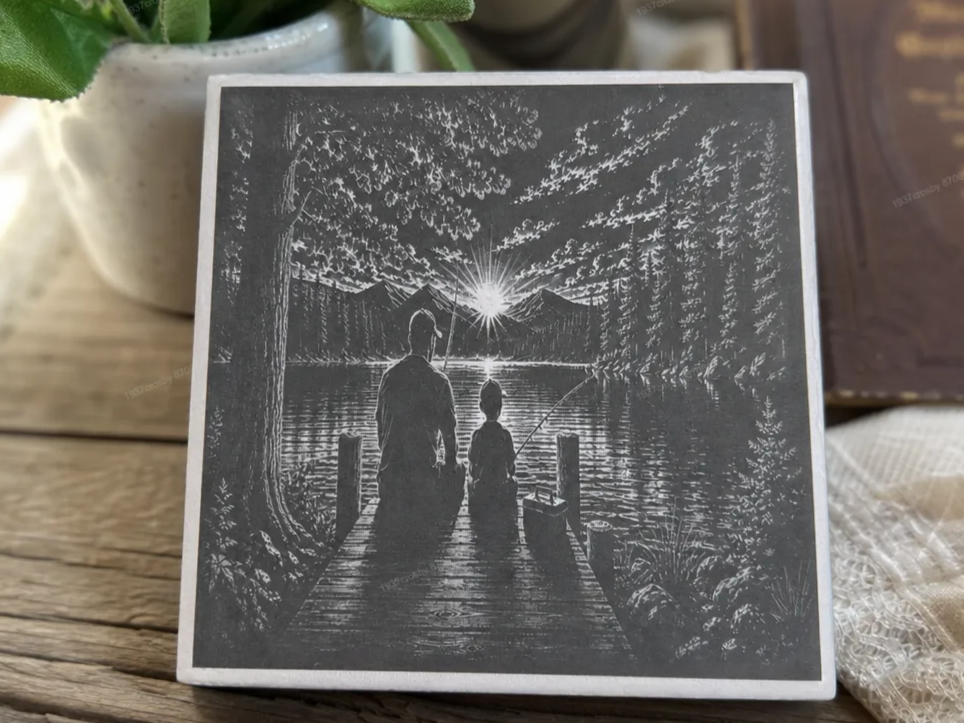 White Ceramic Tile Featuring Father and Son Fishing at Sunset
