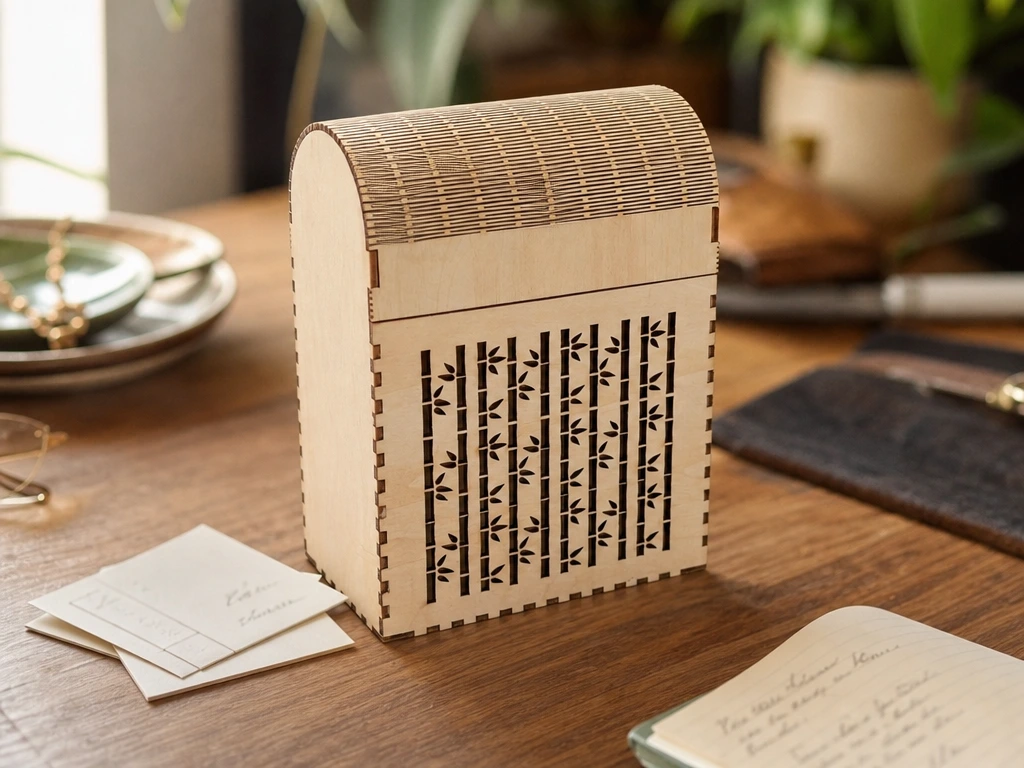 Holzbox mit flexiblem Deckel und Bambus-Muster, Schatulle, Utensilo