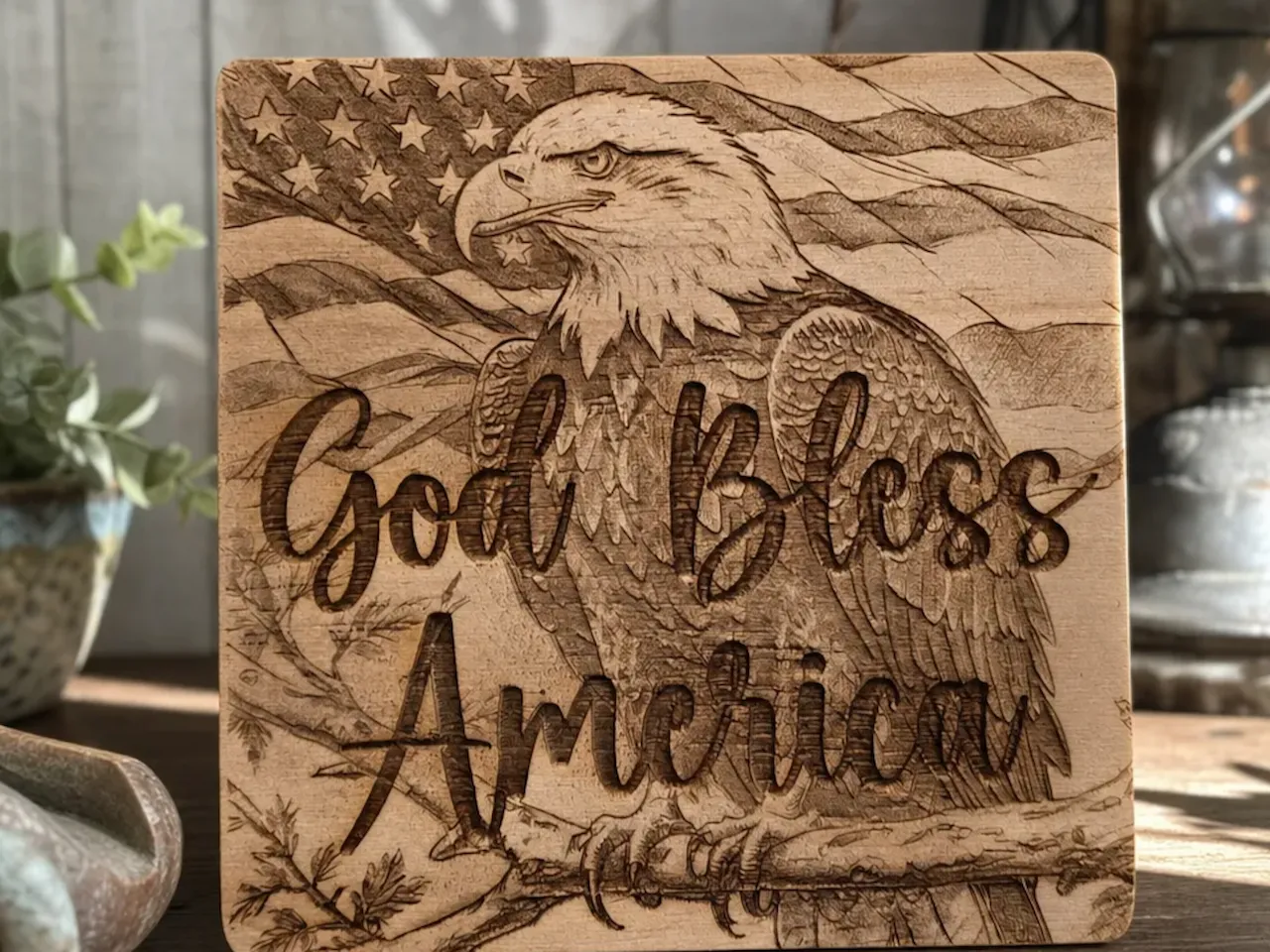 [Laser cut and engrave] God Bless America Wooden Sign with Bald Eagle and American Flag