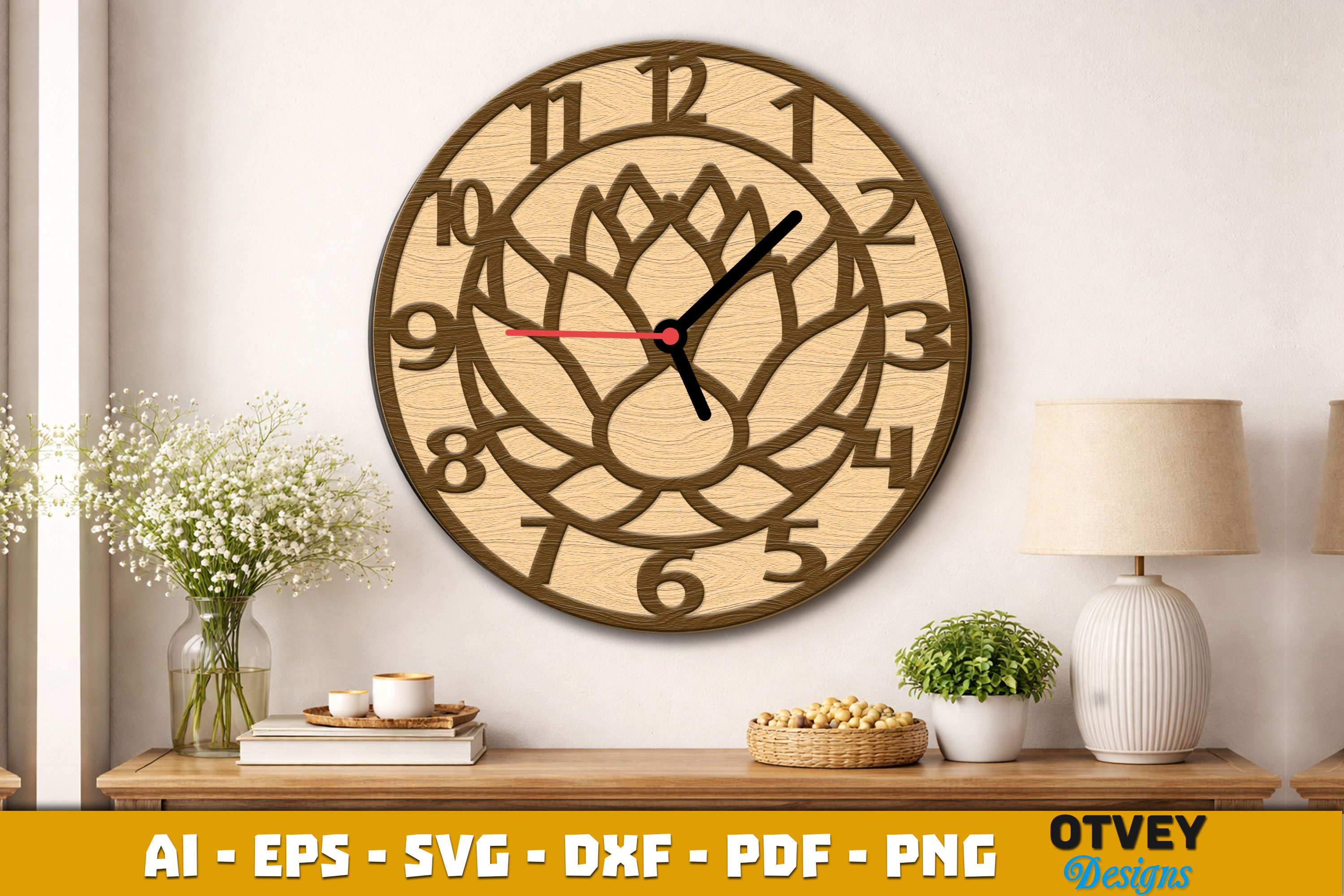 [Laser cut and engrave] Wooden Flower Wall Clock Lasercut 10 Designs