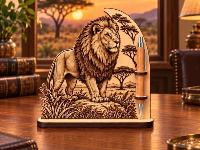 Porte-stylo en bois avec motif de lion dans la savane