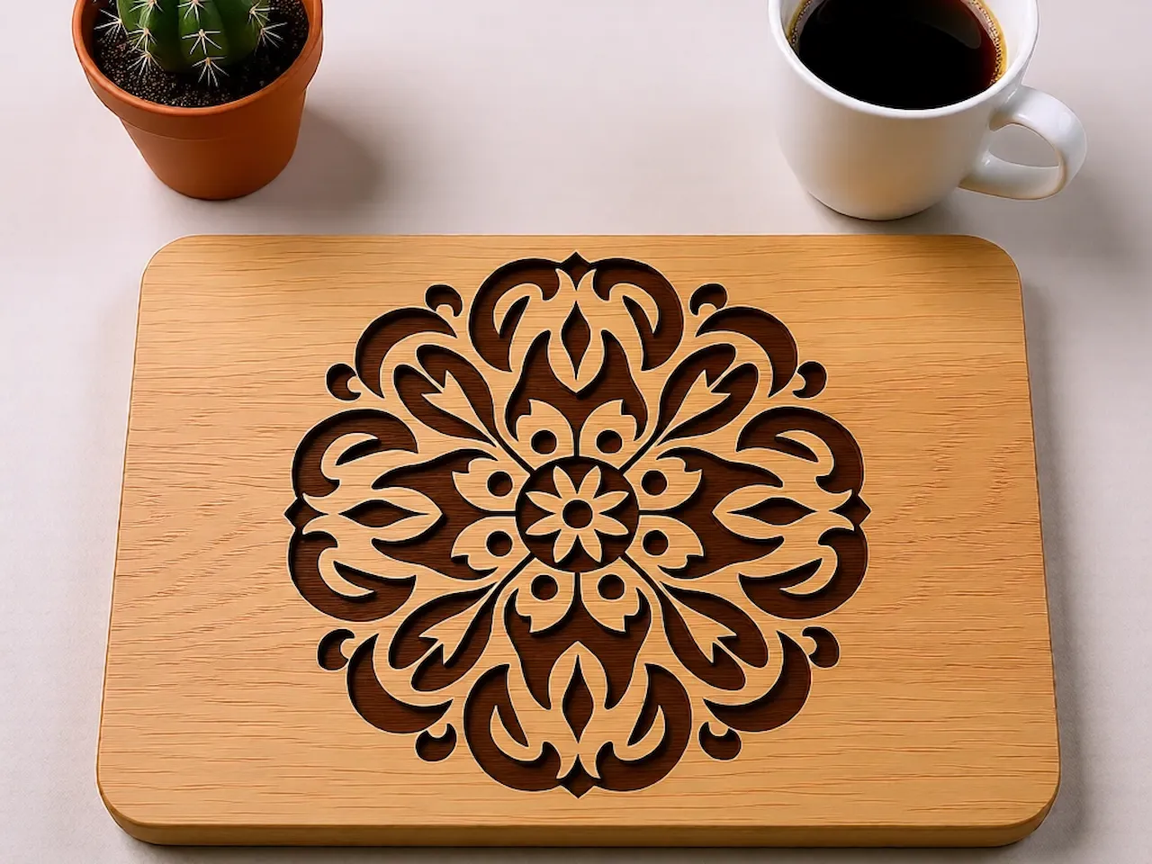 [Laser cut and engrave] Wooden Rectangular Serving Tray with Intricate Floral Mandala Pattern