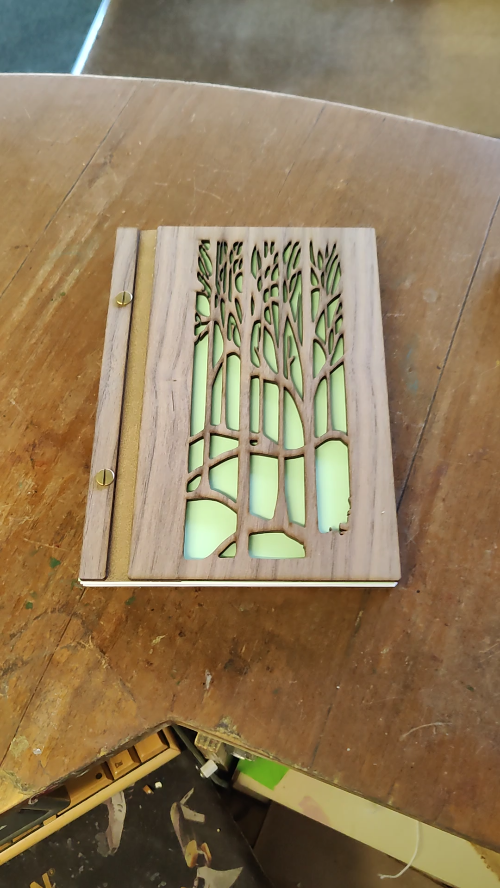 [Laser cut and engrave] Walnut journals with forest and deer cutout covers