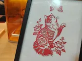 [Laser cut and engrave] Framed Red Paper Cutout Art Featuring a Cat with Flowers and Butterflies