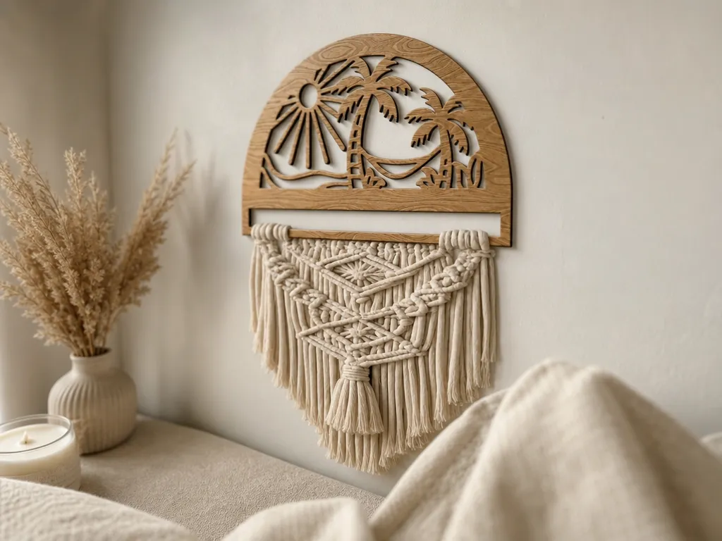 Boho Macrame Wall Hanging with Tropical Palm Tree and Sun Motif