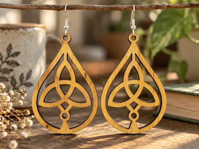 Anting kayu motif simpul triquetra berbentuk tetesan air