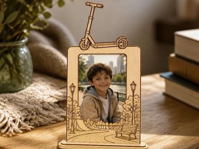 Cadre photo en bois avec motif de ville et trottinette