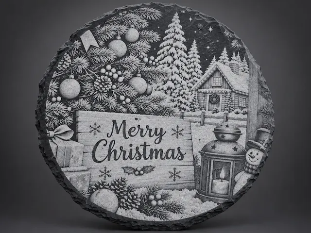 Merry Christmas Round Slate Plaque with Winter Landscape Scene