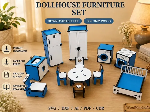 Dollhouse Furniture Set SVG DXF | Miniature House Furniture | Dollhouse Furniture Laser Cut Files | 3mm Wood MDF Cutting File