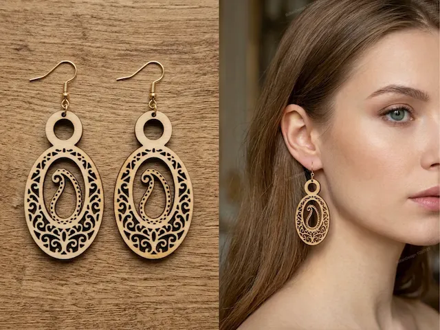 Ornate Paisley Mandala Wooden Earrings