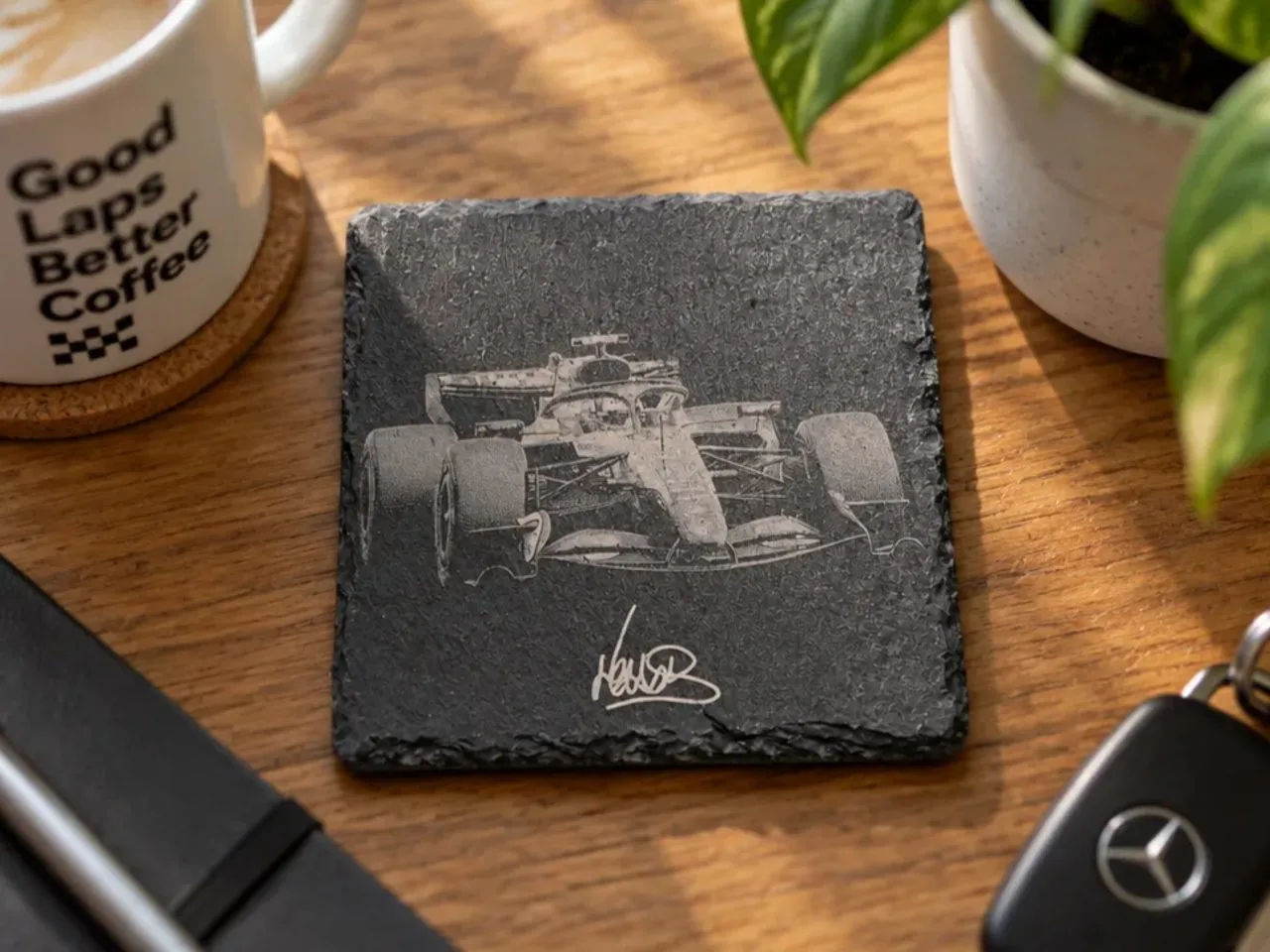 [Laser cut and engrave] Formula 1 Race Car Slate Coaster with Lewis Hamilton Signature