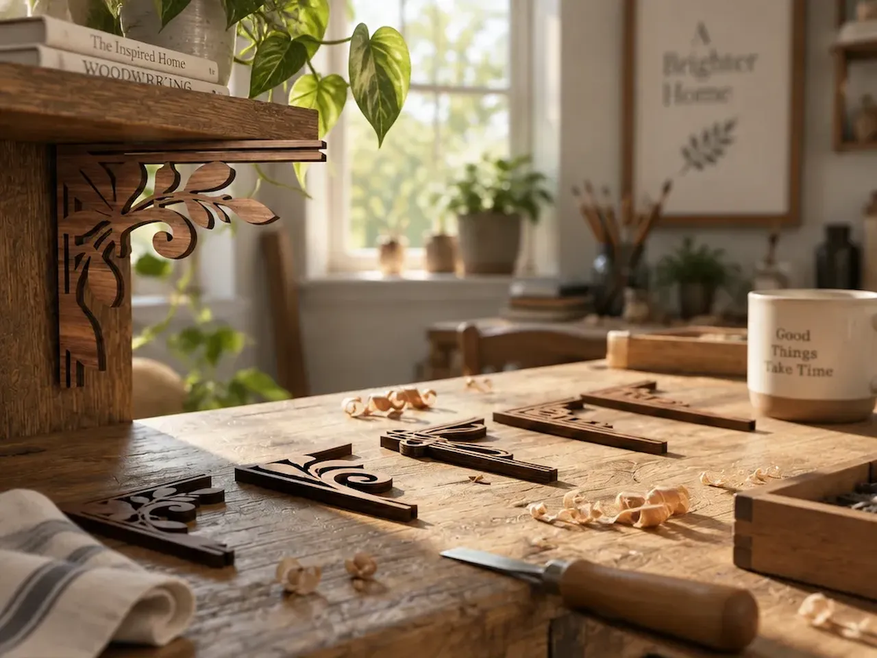 [Laser cut and engrave] Decorative Floral Scrollwork Wooden Shelf Bracket