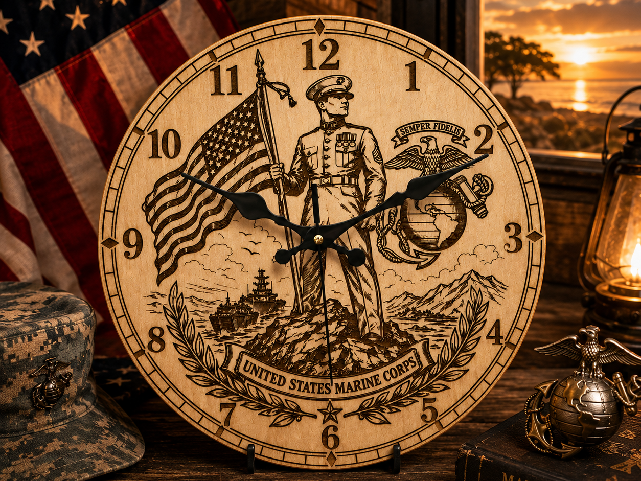 United States Marine Corps Heritage Clock | Semper Fidelis Laser Engraved Wall Clock Design — free American flag wall art project file on Atomm