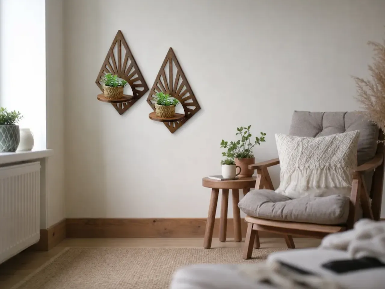 [Laser cut and engrave] Diamond Shaped Sunburst Wall Shelves for Small Plants