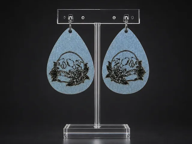 Teardrop Earrings Featuring Skull and Rose Illustration