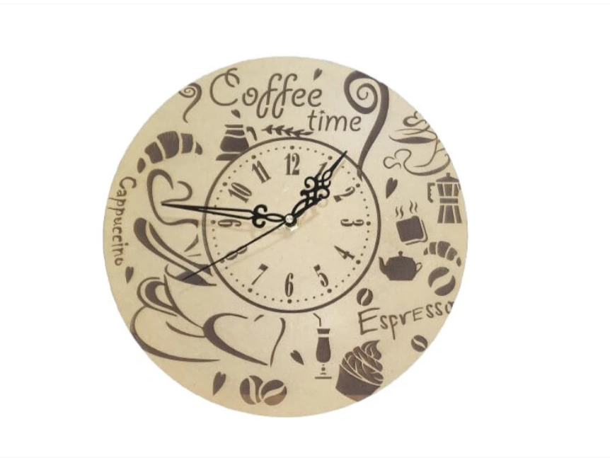 Round Coffee Themed Wall Clock with Espresso and Cappuccino Illustrations 4mm Cedar