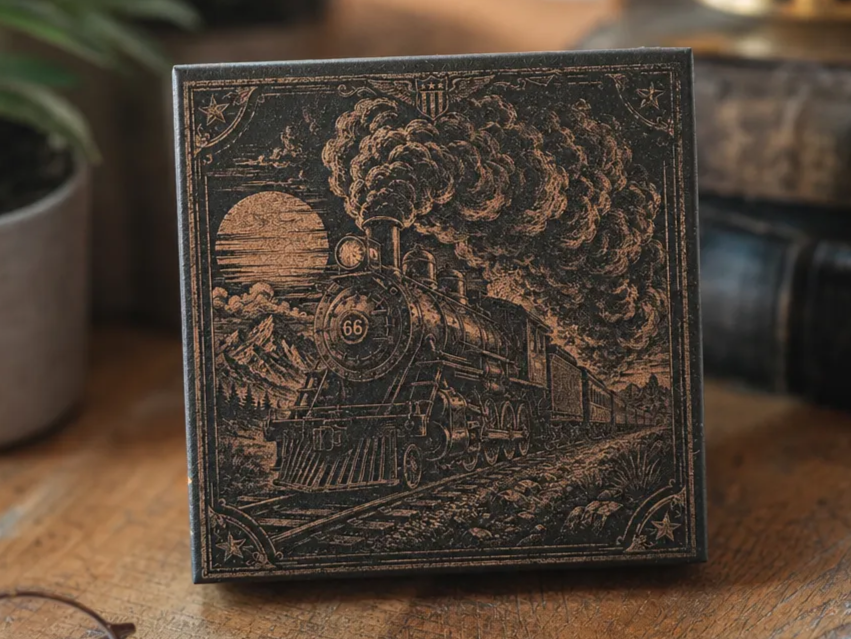 Square Painted Tile Featuring a Vintage Steam Locomotive Train Illustration