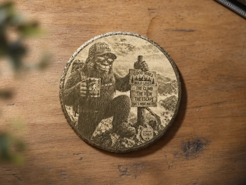 Bigfoot Mountain Hiking Themed Round Stone Slate Coaster