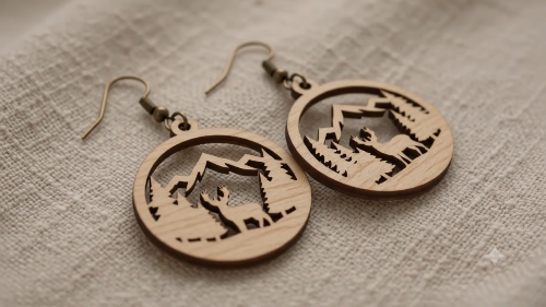 [Laser cut and engrave] Wooden Mountain and Deer Landscape Dangle Earrings