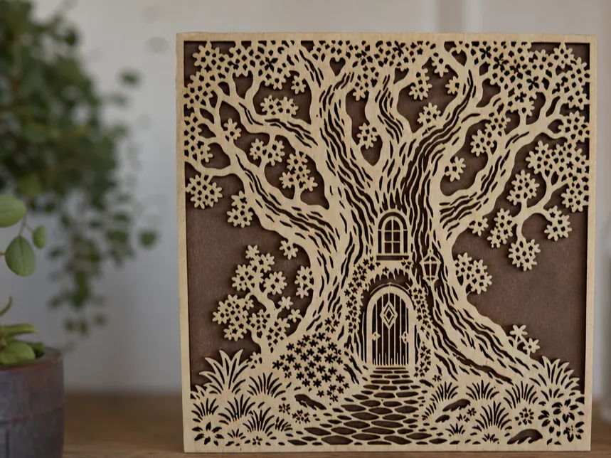 Tableau mural en bois représentant le monde secret des gnomes des forêts