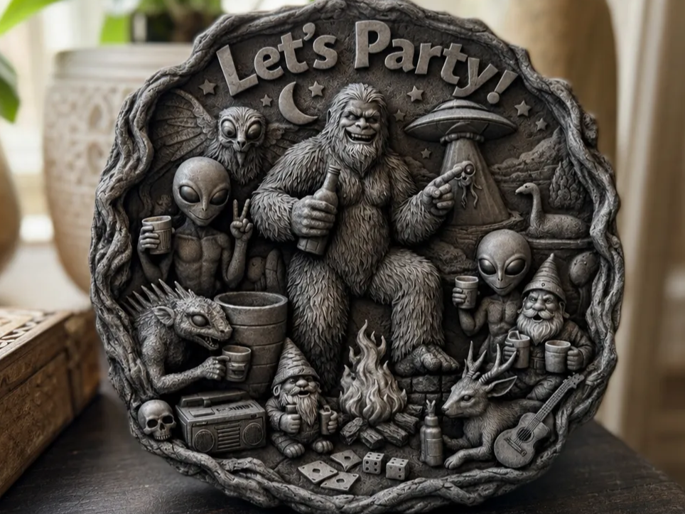Let's Party Bigfoot and Alien Themed Wall Plaque or Coaster