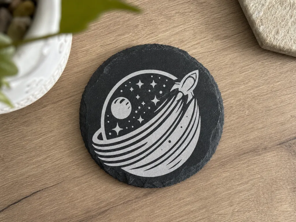 Round Slate Coaster Featuring Space Rocket and Planet Motif