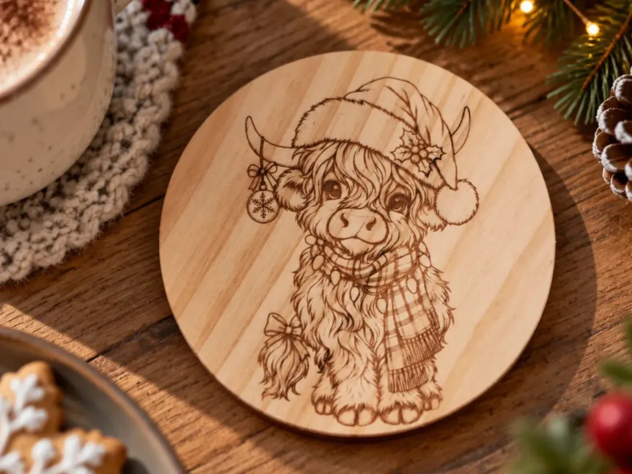 [Laser cut and engrave] Highland Cow Christmas Ornament with Santa Hat and Scarf