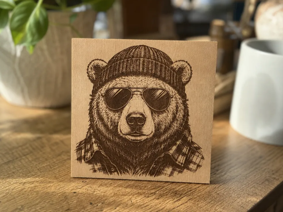 Wooden sign featuring a cool bear wearing a beanie and sunglasses