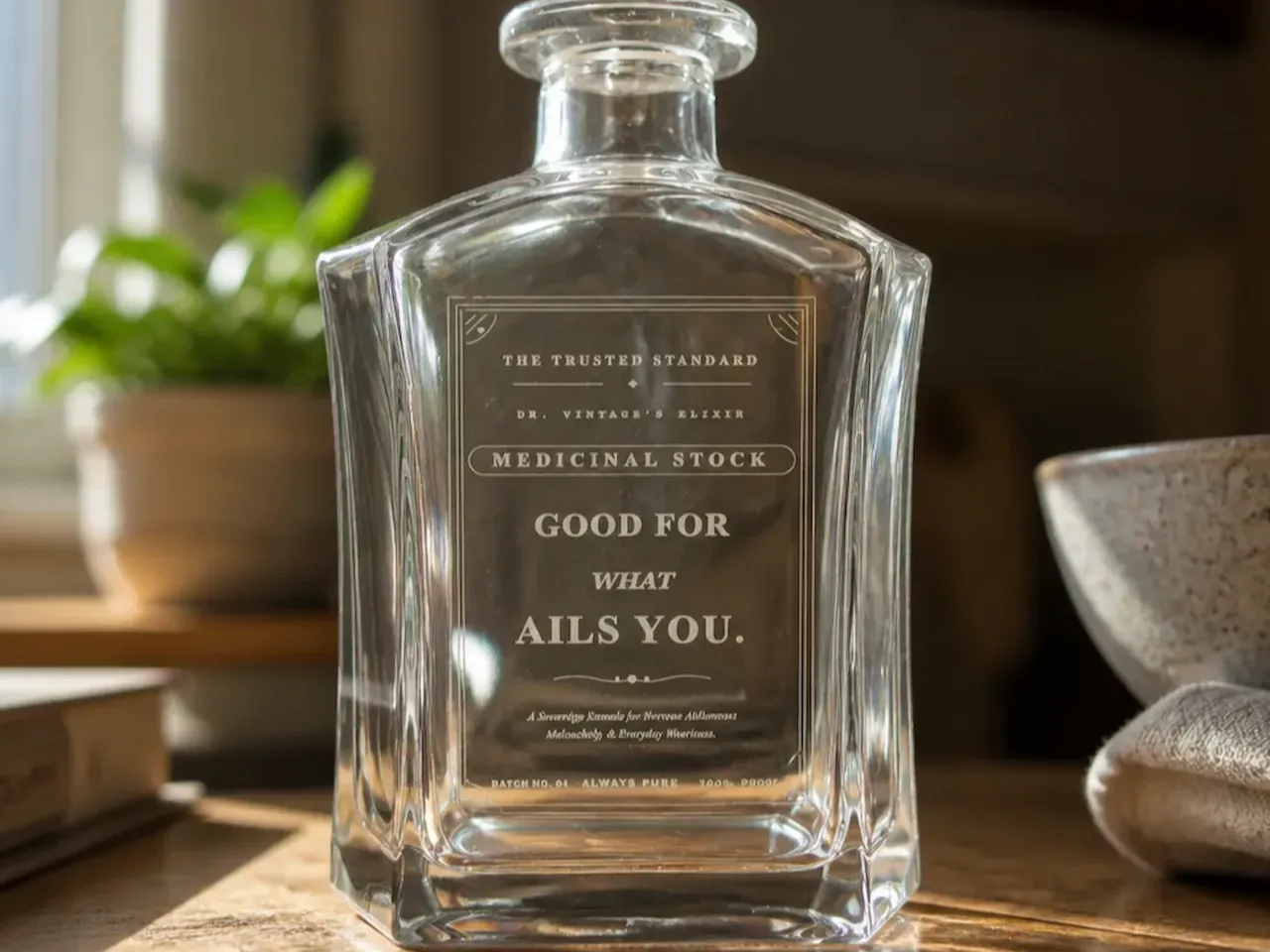 [Laser cut and engrave] Vintage Style Medicinal Stock Glass Decanter