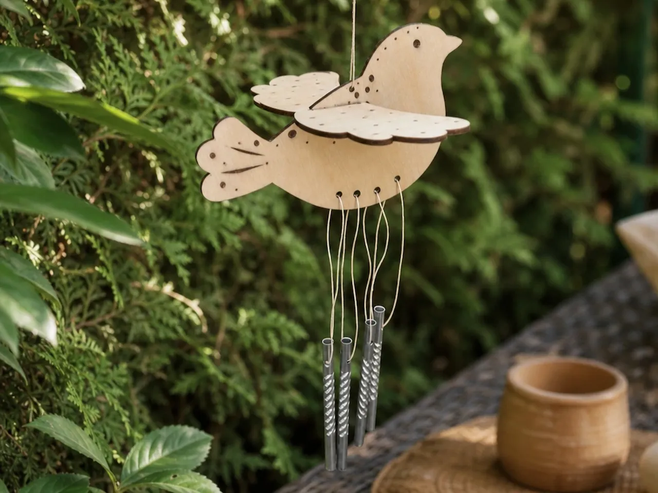[Laser cut and engrave] Hängendes Windspiel aus Holz in Vogelform für Garten und Terrasse