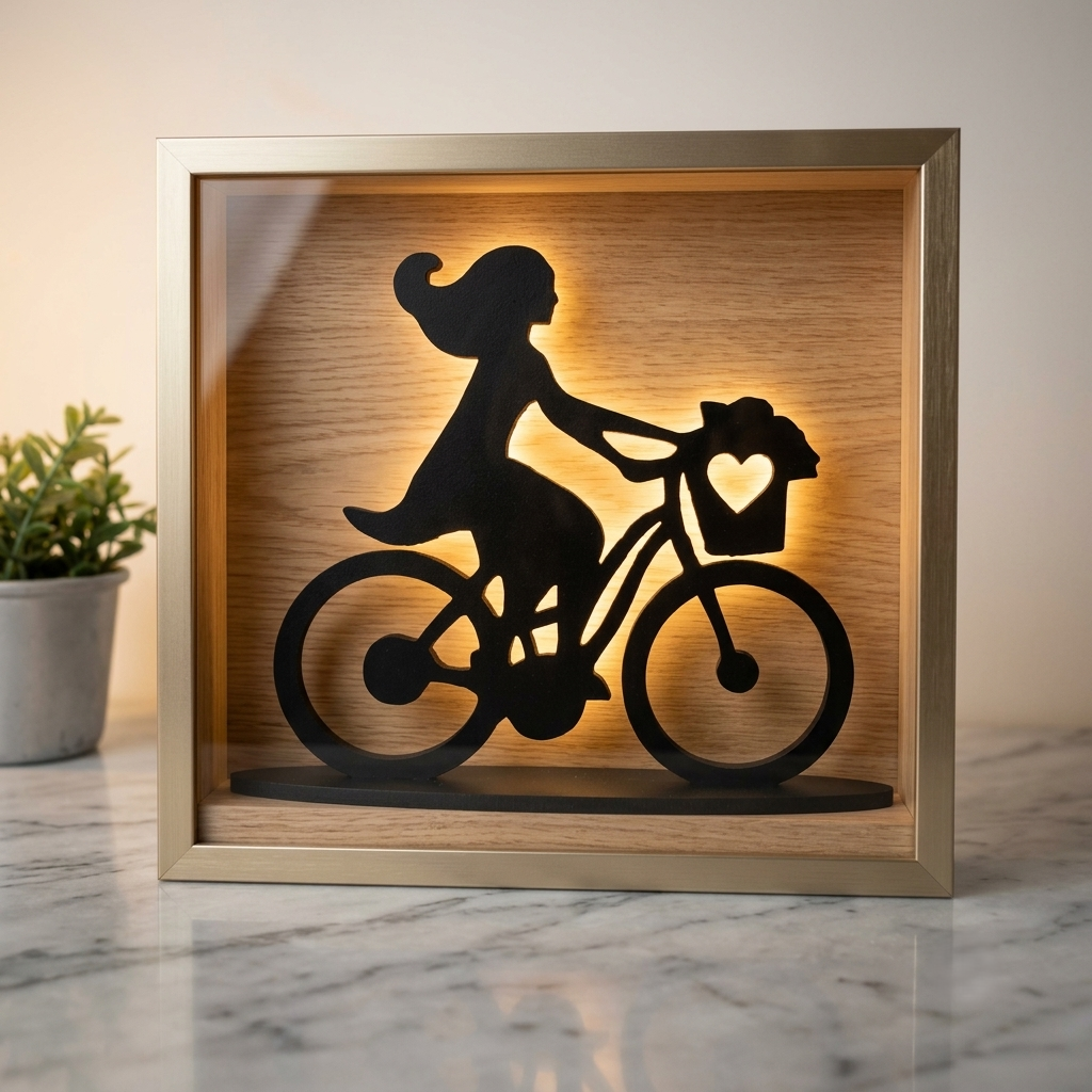 [Laser cut and engrave] Cadre lumineux en bois avec silhouette de femme à vélo et panier cœur