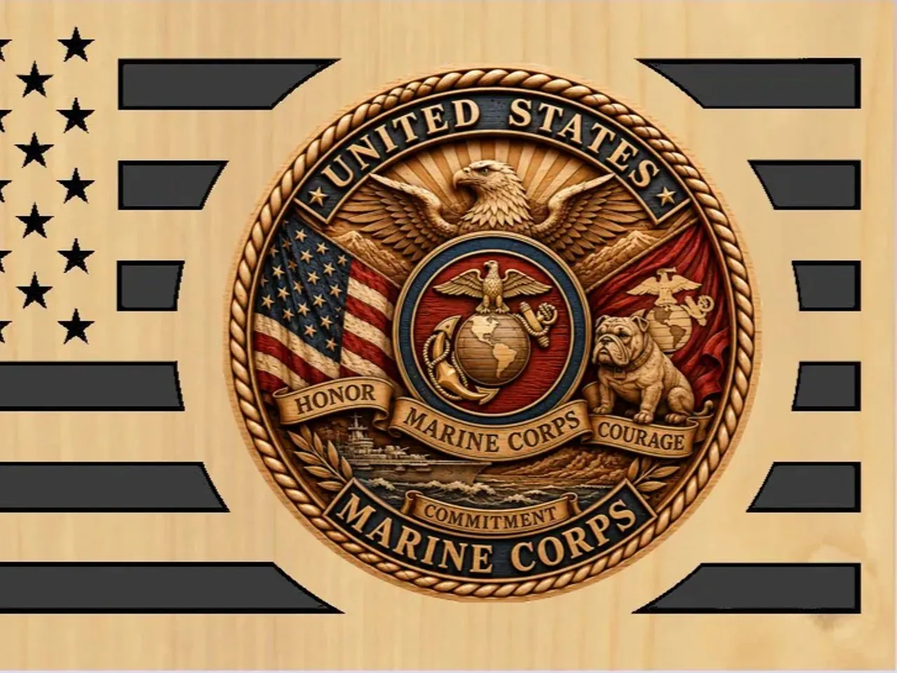 [Laser cut and engrave,DTF Printing] United States Marine Corps Emblem Wall Plaque with American Flag Background