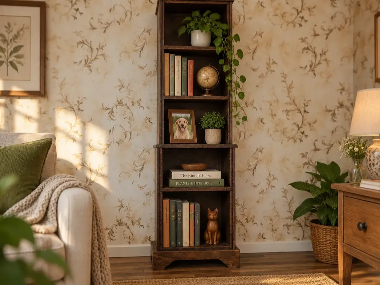 [Laser cut and engrave] Hohes schmales Bücherregal aus dunklem Holz im Vintage-Stil